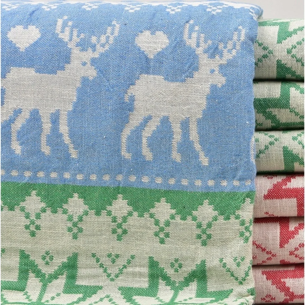 NWT FAIR ISLE Modern Classic Jacquard Blanket Towel Green Blue Reversible Weave